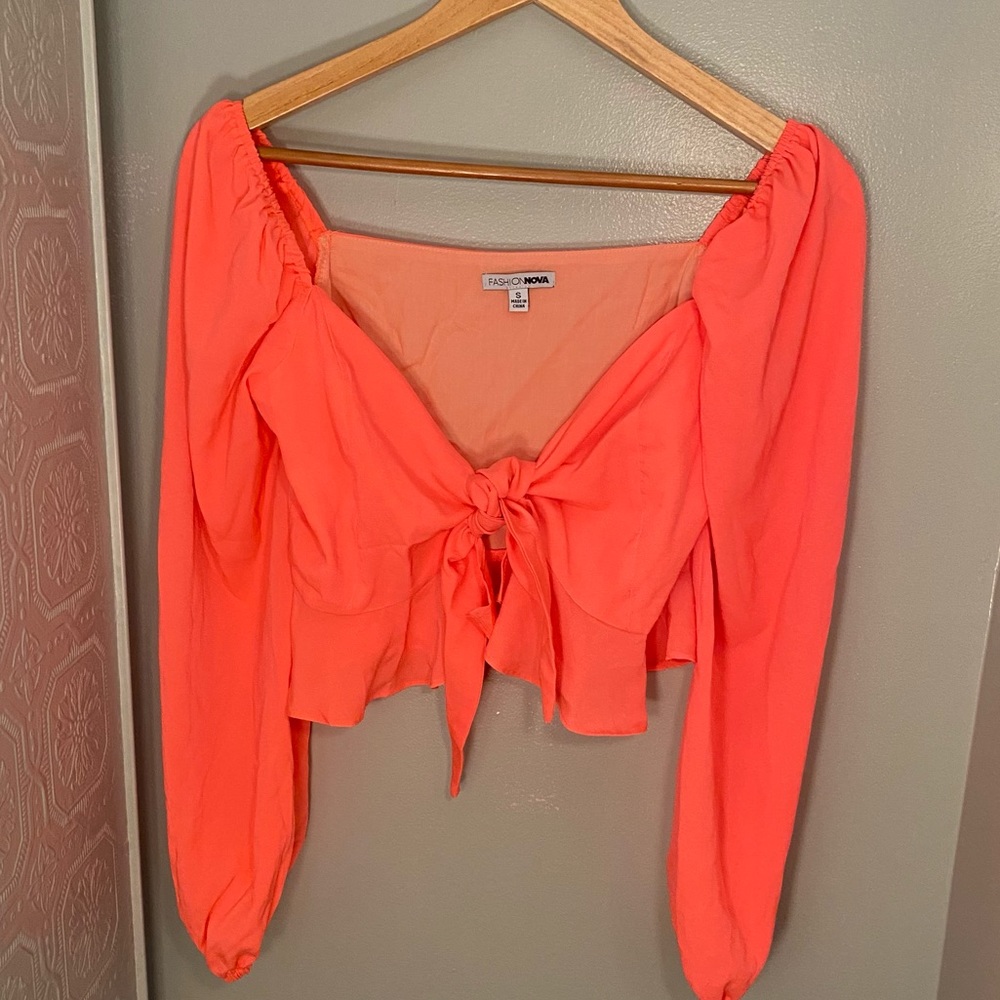 Bright coral pink long sleeve tie up top, size XS
